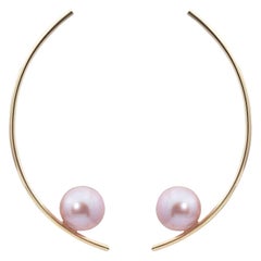 14 Karat Yellow Gold Modern Pearl Curved Bar Earrings