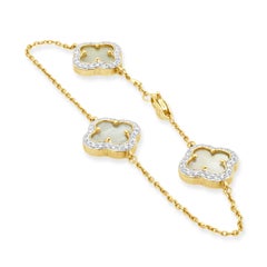 14 Karat Yellow Gold MOP and Round Diamond Halo Quatrefoil Station Bracelet