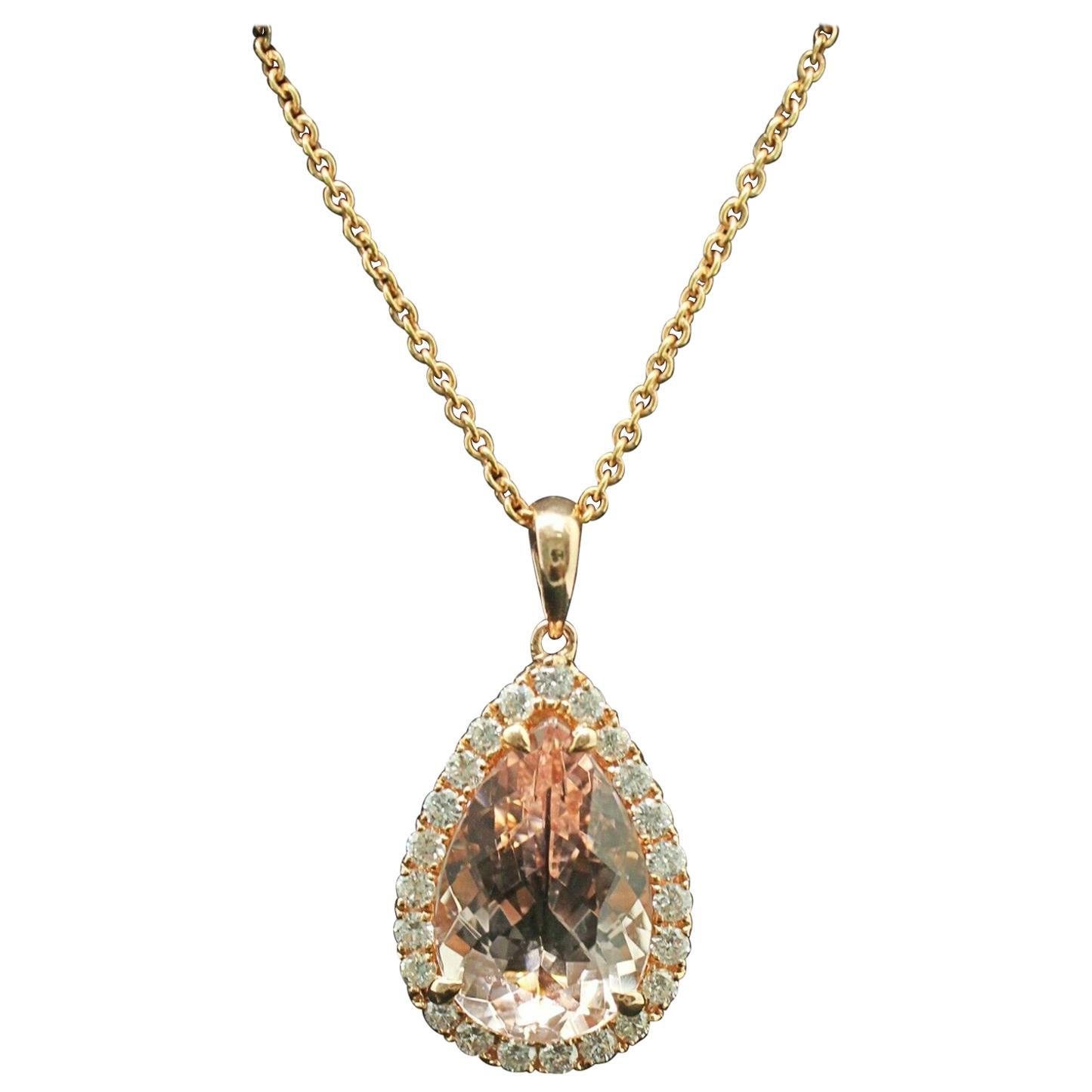 14 Karat Yellow Gold Morganite Diamond Halo Necklace For Sale