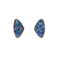 14 Karat Yellow Gold Mosaic Opal Earrings with Pierced Post Backings