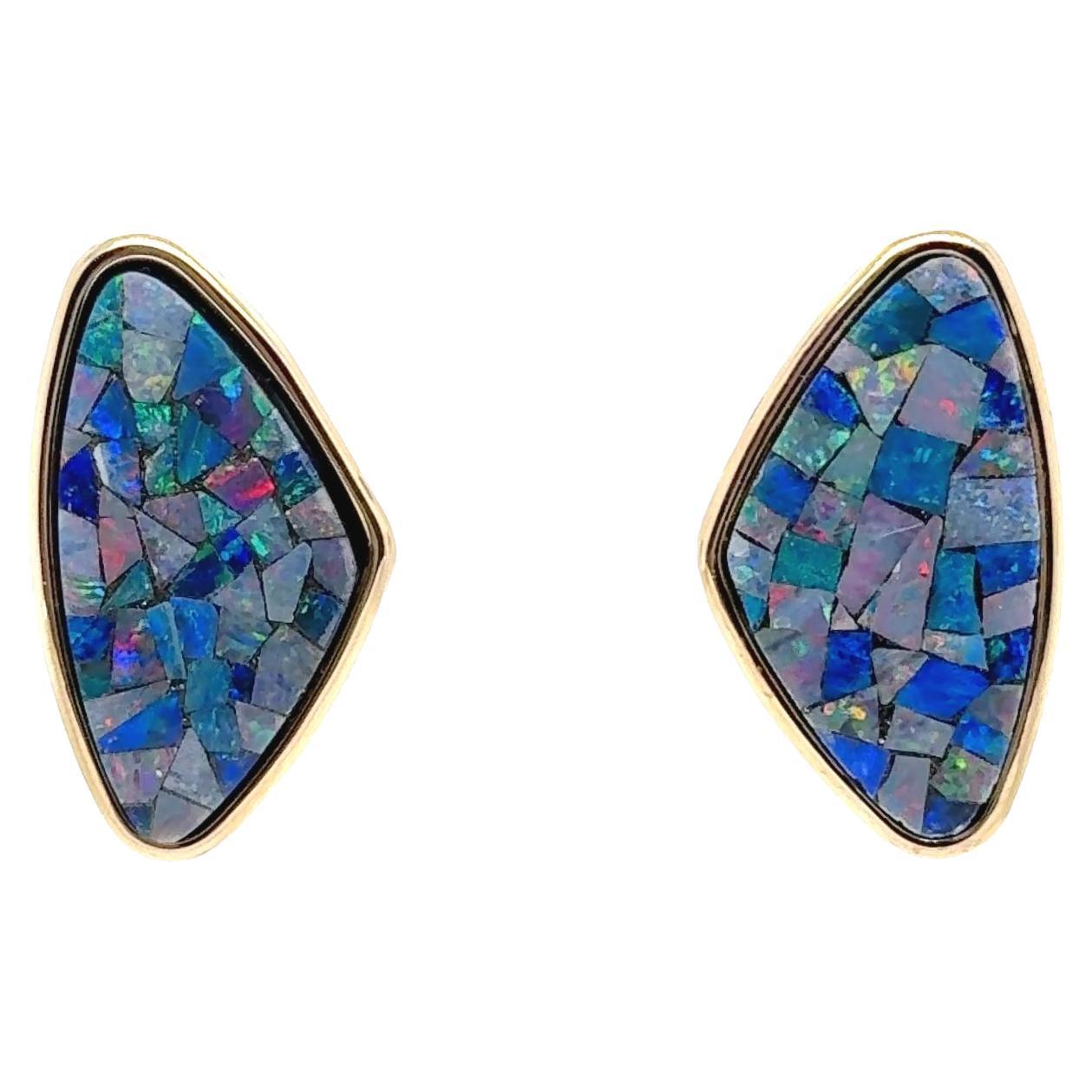 14 Karat Yellow Gold Mosaic Opal Earrings with Pierced Post Backings in vendita