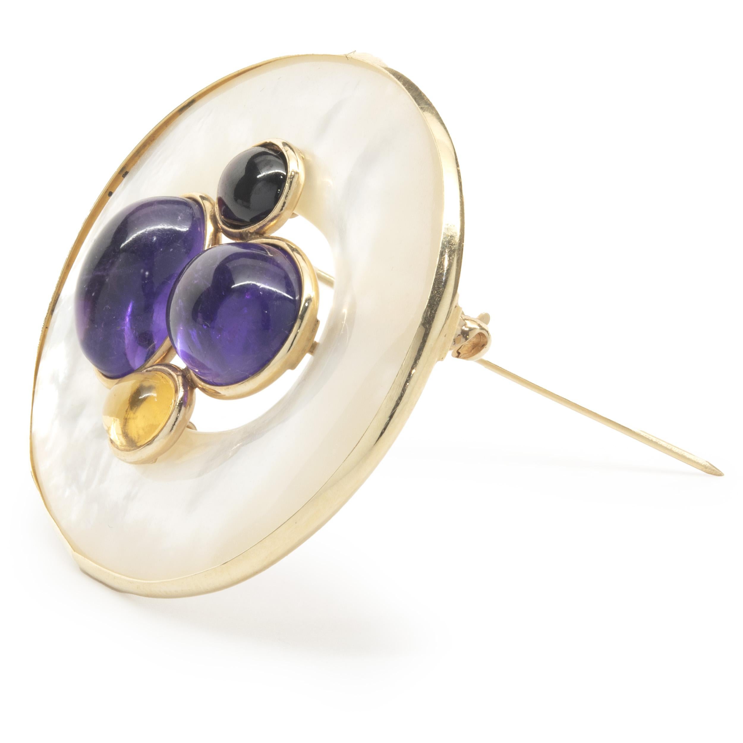 14 Karat Yellow Gold Mother of Pearl, Amethyst, Garnet, and Citrine Pin In Excellent Condition In Scottsdale, AZ