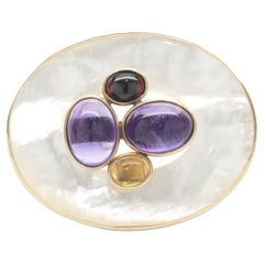 14 Karat Yellow Gold Mother of Pearl, Amethyst, Garnet, and Citrine Pin