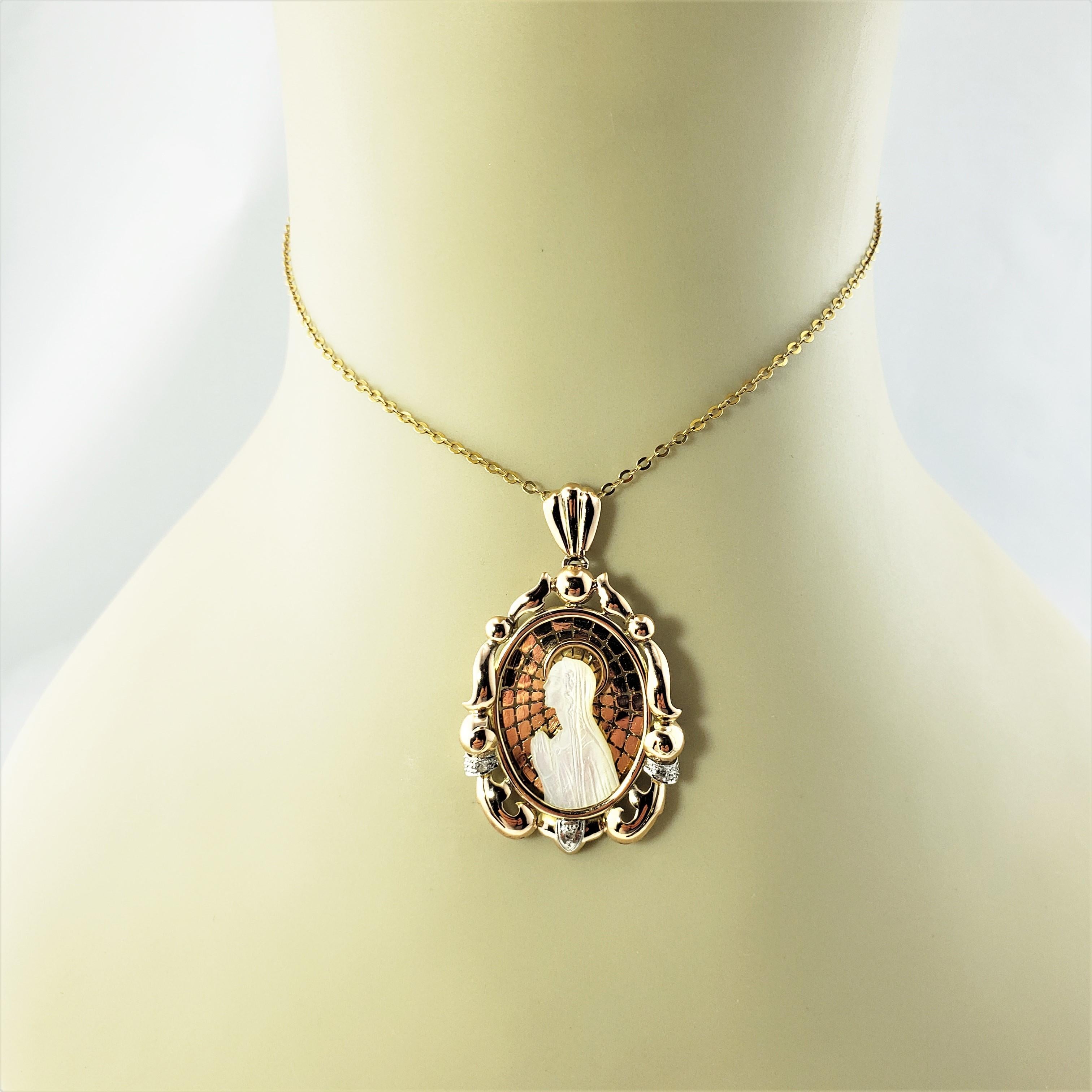 14 Karat Yellow Gold Mother of Pearl and Diamond Blessed Mother Pendant 1