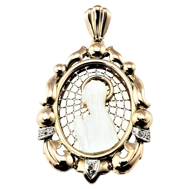 14 Karat Yellow Gold Mother of Pearl and Diamond Blessed Mother Pendant ...