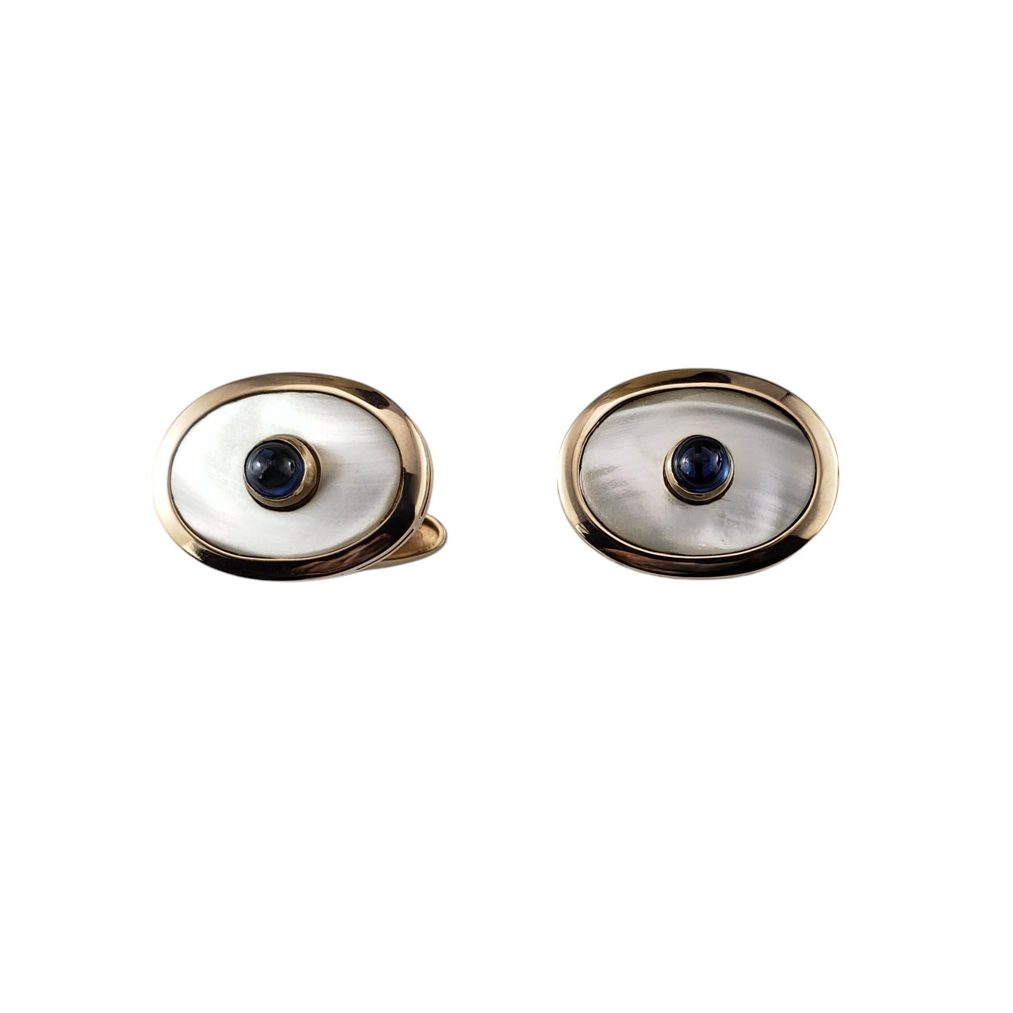 14 Karat Yellow Gold Mother of Pearl and Sapphire Cufflinks

These elegant mother of pearl cufflinks are each accented with one cabochon natural blue sapphire set in 14K yellow gold.

Size: 24 mm x 21 mm

Weight: 8.7 dwt/ 13.5 gr

Stamped: 14K

Very