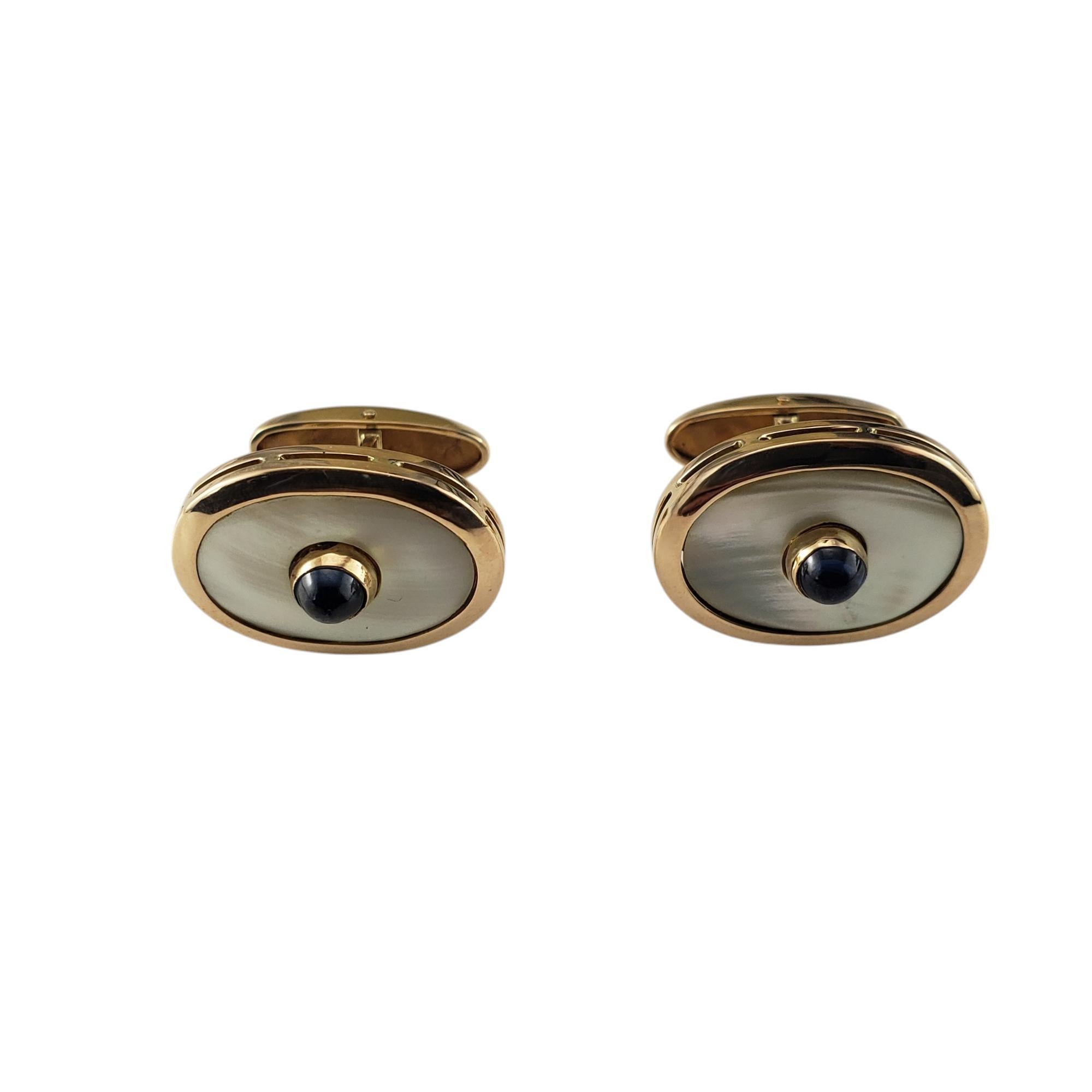 Contemporary 14 Karat Yellow Gold Mother of Pearl and Sapphire Cufflinks #19910 For Sale