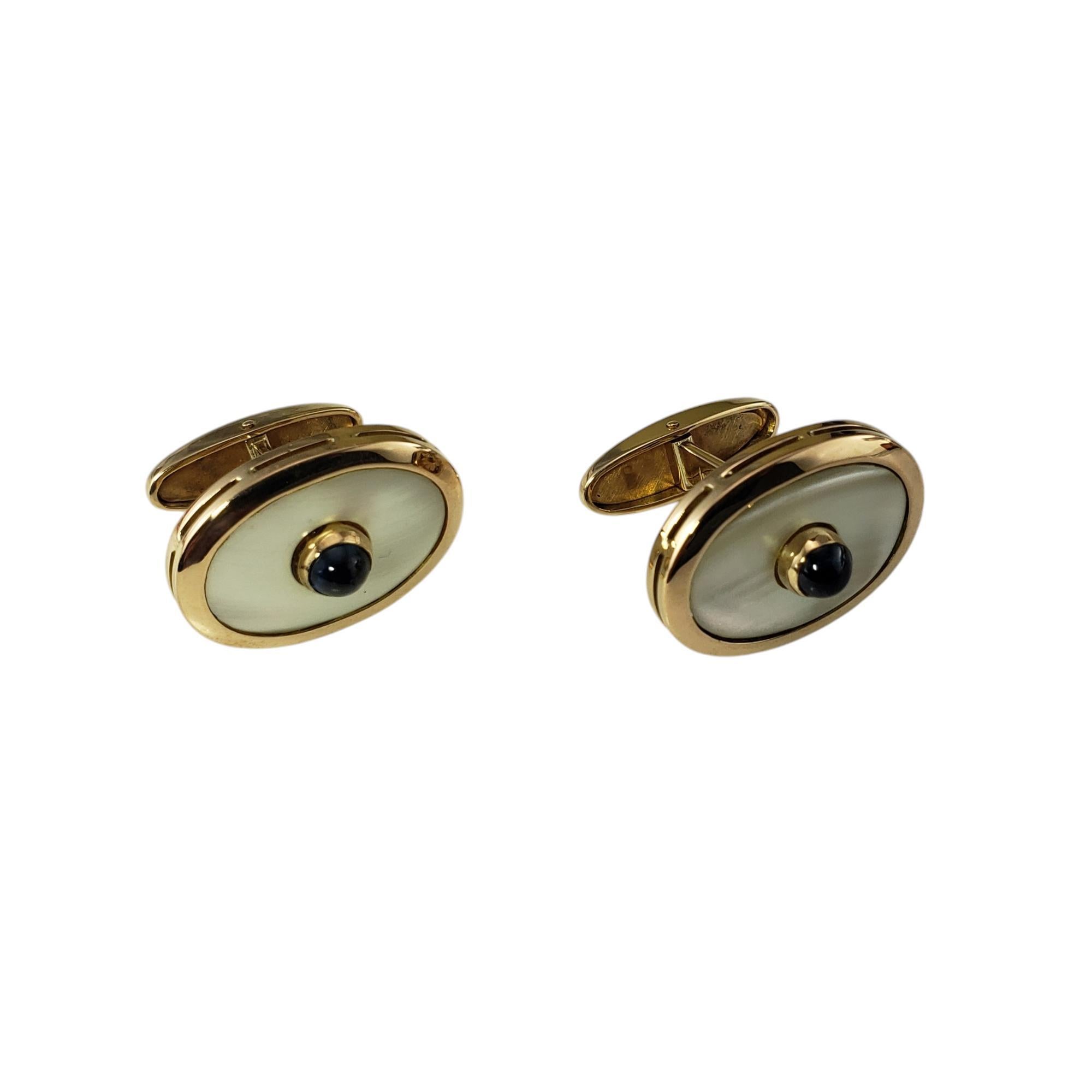 Oval Cut 14 Karat Yellow Gold Mother of Pearl and Sapphire Cufflinks #19910 For Sale