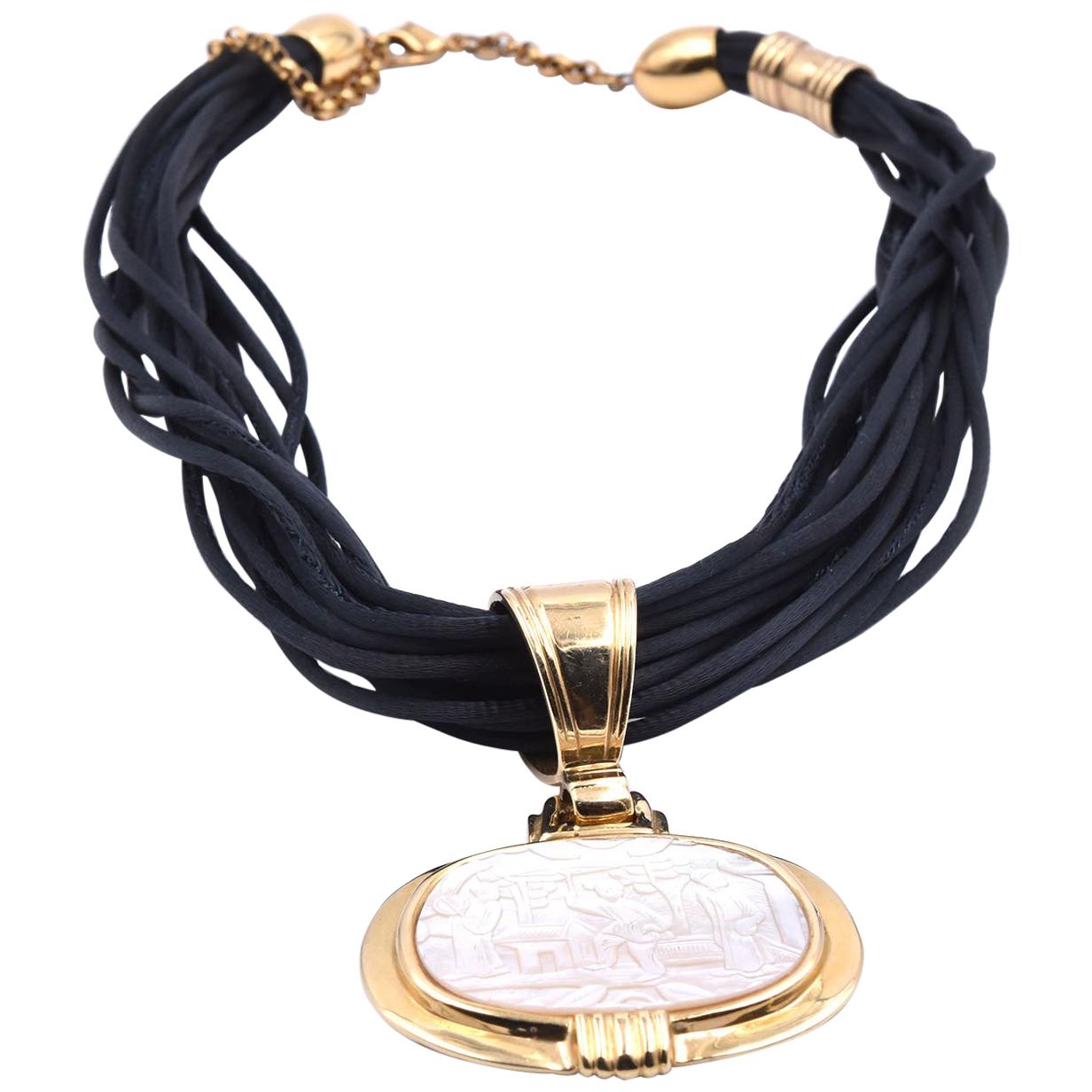 14 Karat Yellow Gold Mother of Pearl Cameo Style Cord Necklace