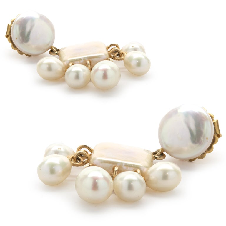 14 Karat Yellow Gold Mother of Pearl Earrings with Potato Pearl Drops