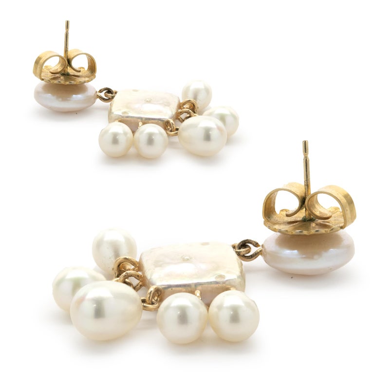 14 Karat Yellow Gold Mother of Pearl Earrings with Potato Pearl Drops