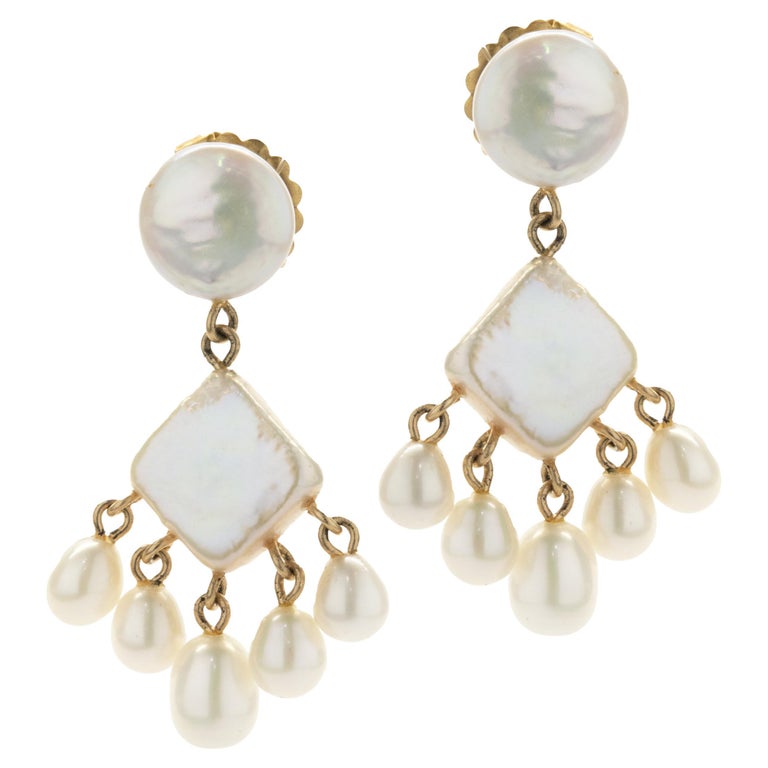 14 Karat Yellow Gold Mother of Pearl Earrings with Potato Pearl Drops