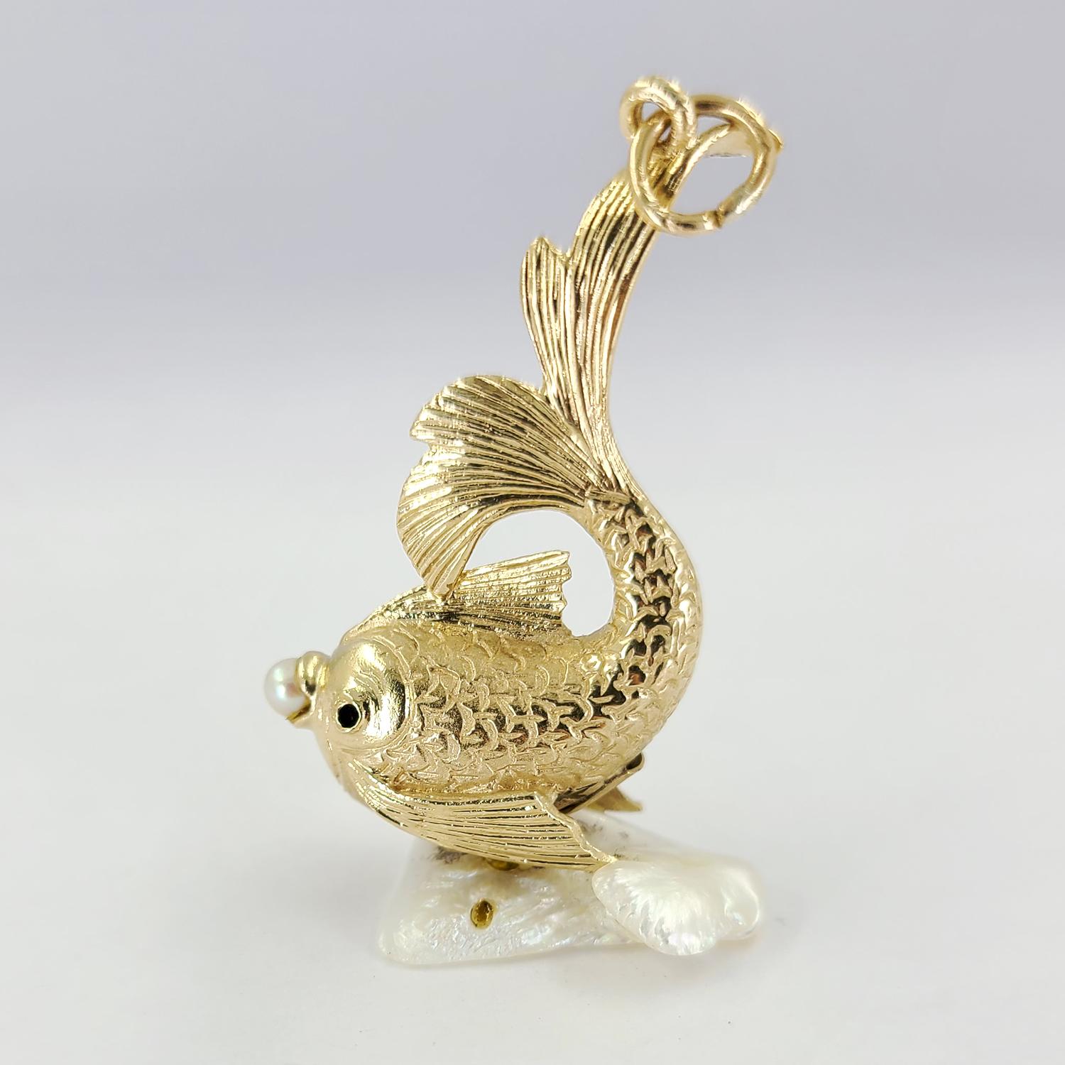 Uncut Yellow Gold & Baroque Pearl Fish Charm Pendant For Sale