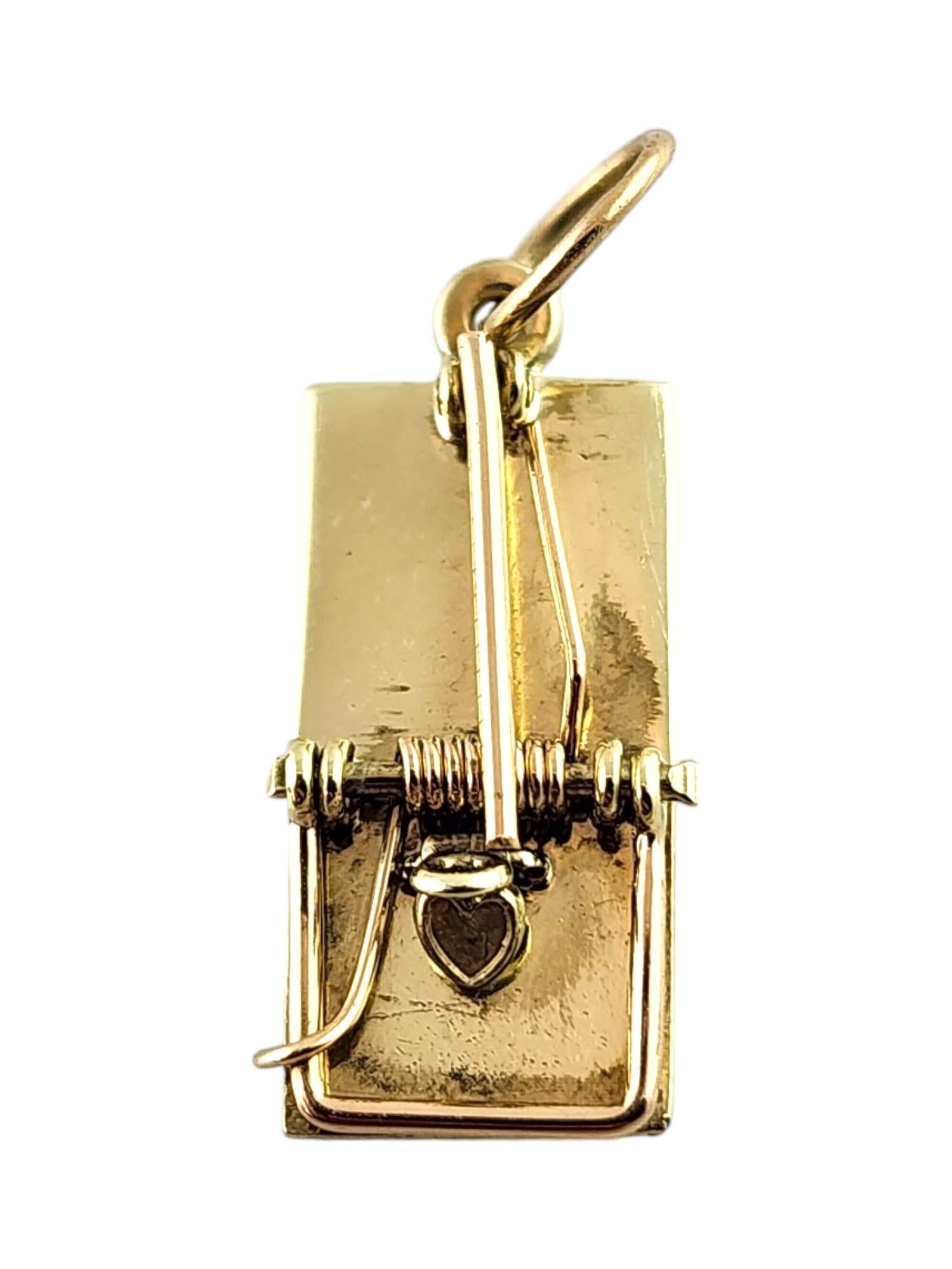 14 Karat Yellow Gold Mouse Trap Charm 

This adorable mouse trap charm was crafted from 14K yellow gold and will make the perfect addition to your charm collection!

Size: 19.43mm X 8.96mm X 3.94mm
Length w/ bail: 23.85mm

Weight: 1.17 dwt/ 1.81