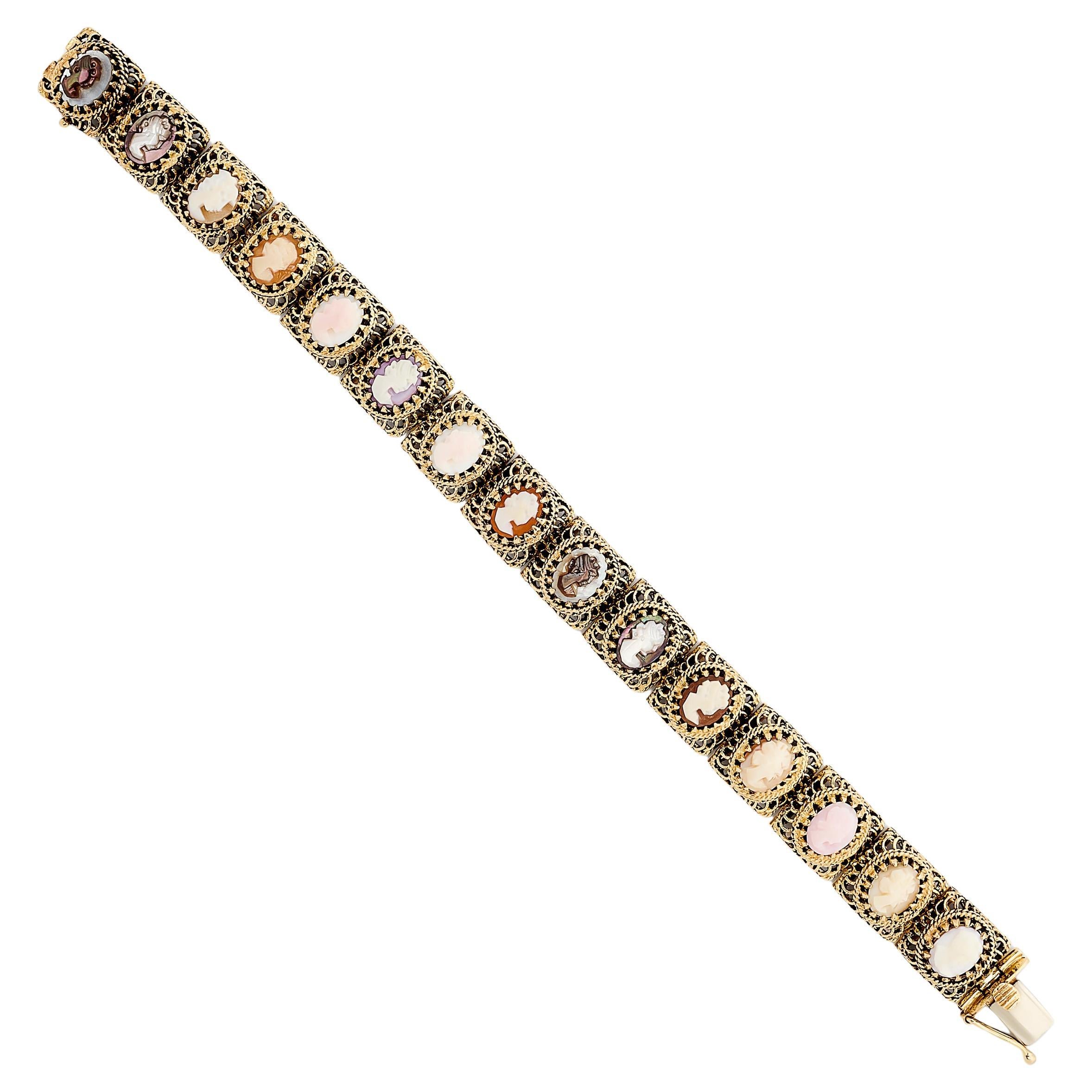 14 Karat Yellow Gold Multi Cameo Filigree Bracelet