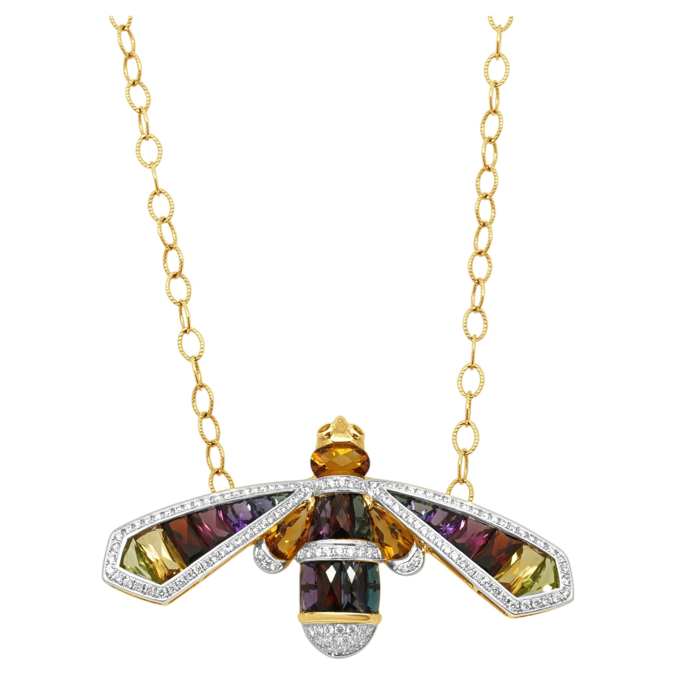 Collier « Abeille » en or jaune 14 carats, avec pierres précieuses multicolores et diamants ronds, 17,0"