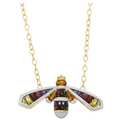 Collier « Abeille » en or jaune 14 carats, avec pierres précieuses multicolores et diamants ronds, 17,0"
