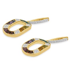 14 Karat Yellow Gold Multi Color Gemstone and Round Diamond Dangle Earrings