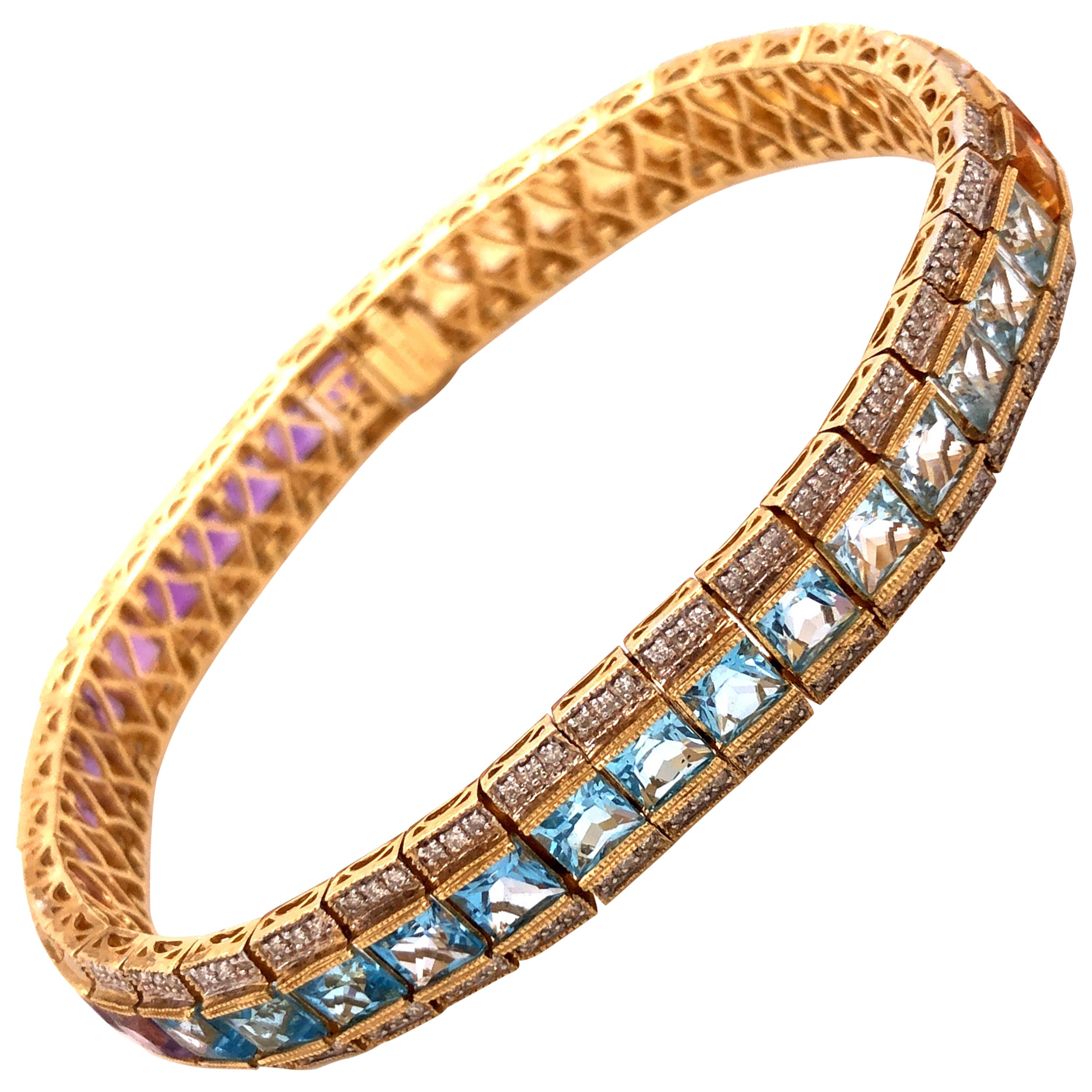 14 Karat Yellow Gold Multi-Color Gemstone Diamond Bracelet For Sale