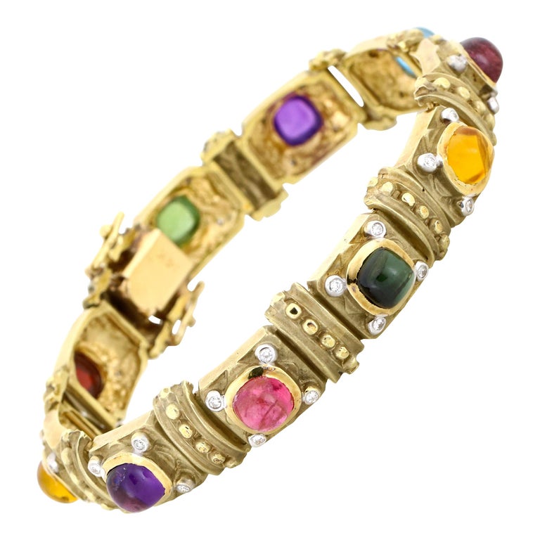 14 Karat Yellow Gold Multi-Color Gemstone Diamond Link Bracelet For ...