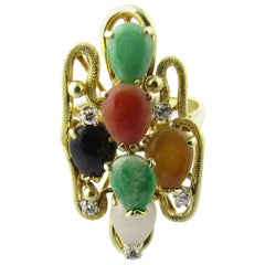 14 Karat Yellow Gold Multi-Color Jade Ring