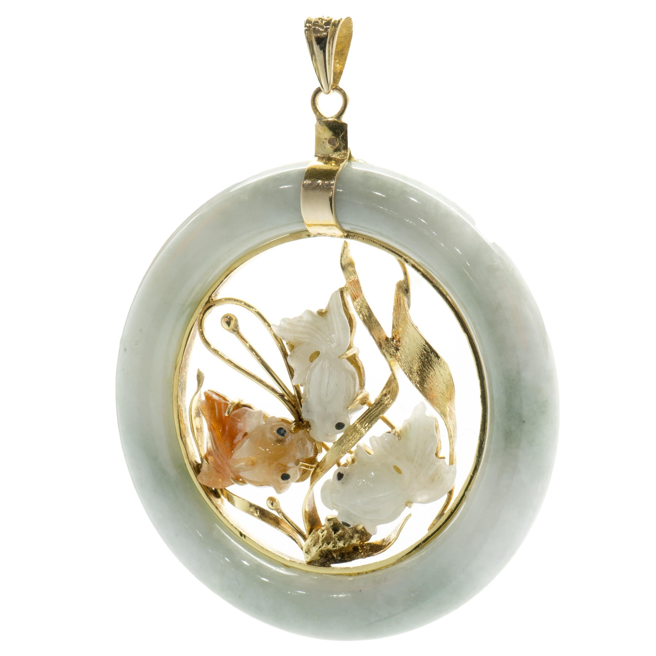 Rough Cut 14 Karat Yellow Gold Multi Colored Jade Koi Pendant