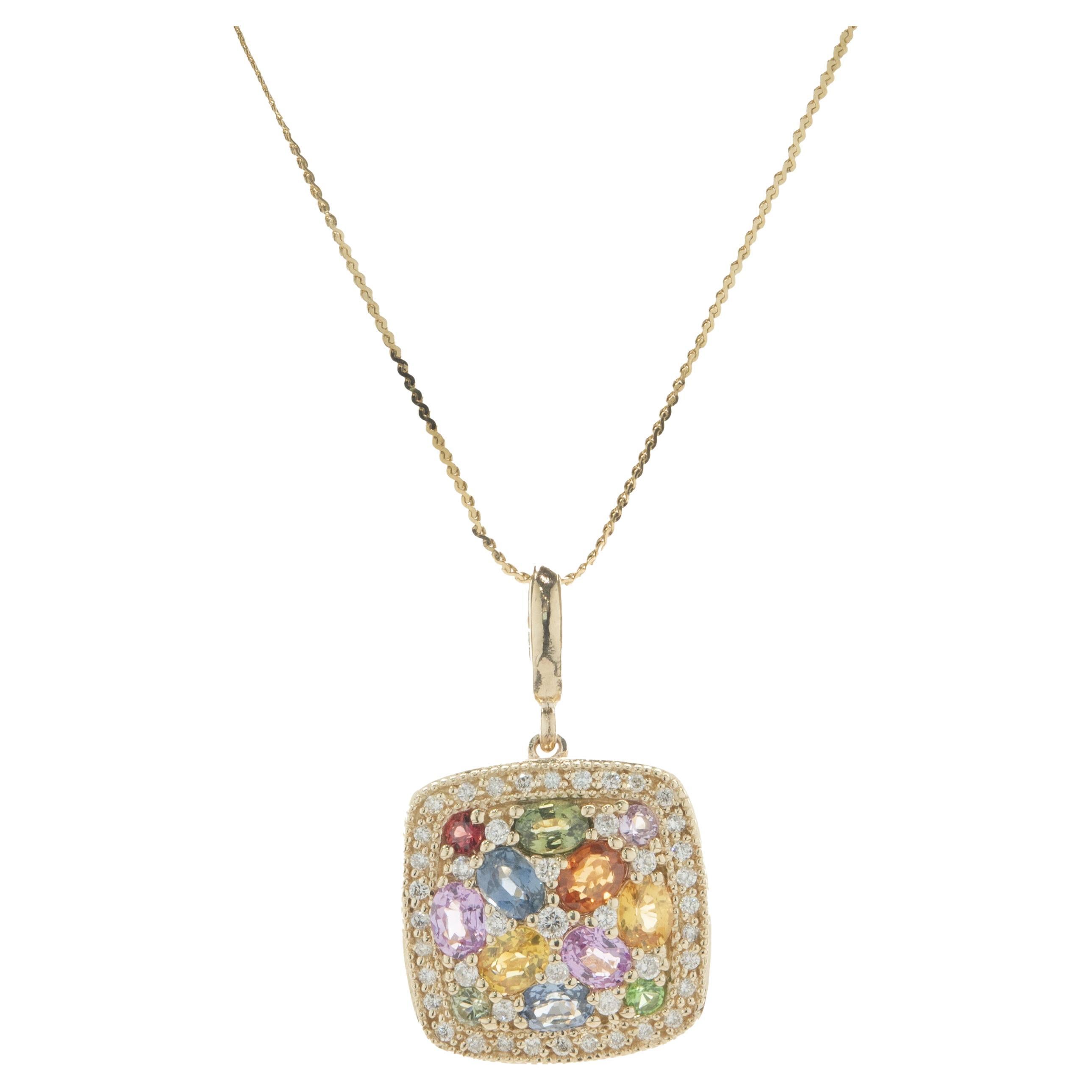 14 Karat Yellow Gold Multi Colored Sapphire and Diamond Cluster Necklace For Sale