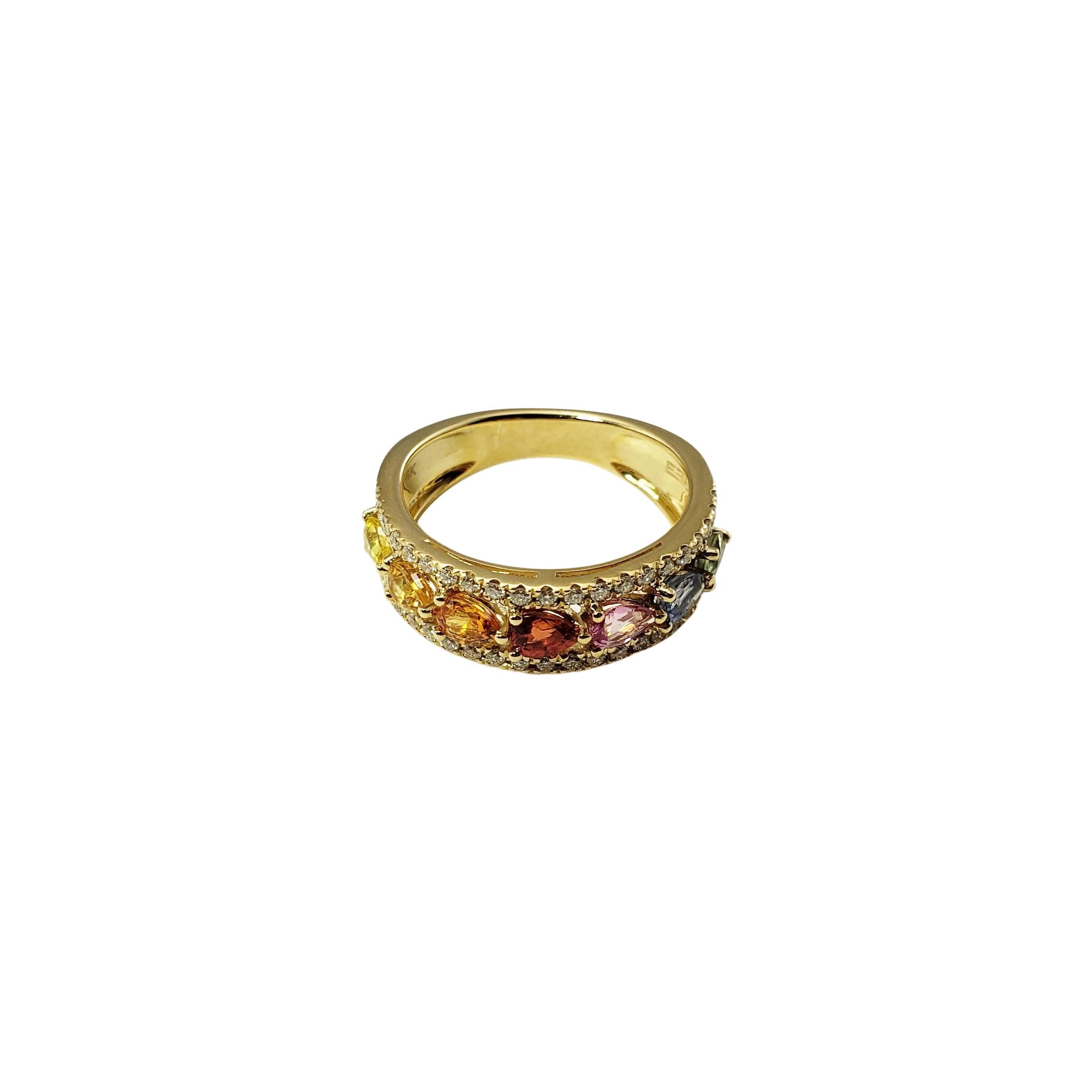 14 Karat Yellow Gold Multi-Colored Sapphire and Diamond Ring Size 6.75 GAI Certified-

This elegant ring features seven pear shaped multi-colored sapphires and 42 round brilliant cut diamonds set in classic 14K yellow gold.  Width:  6 mm.  Shank:  4
