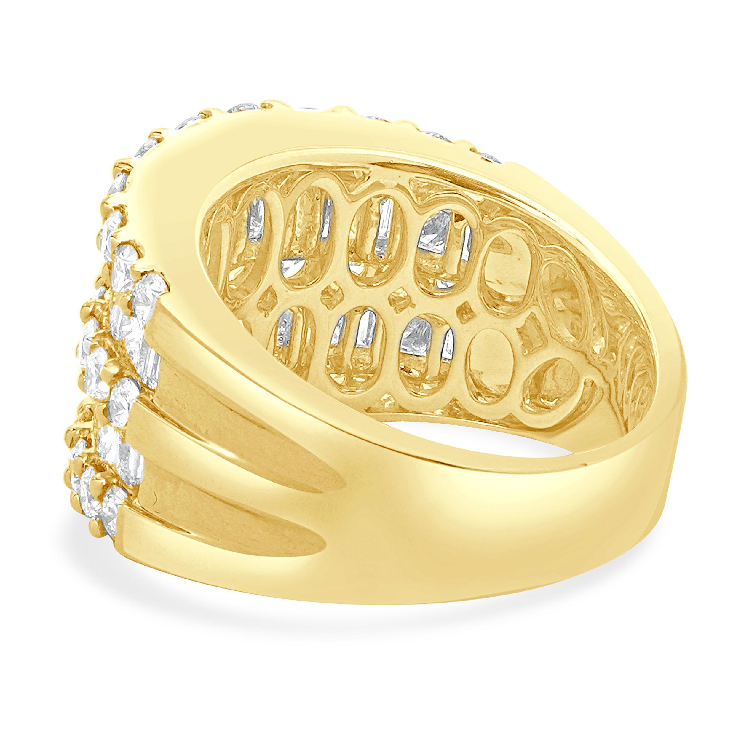 Baguette Cut 14 Karat Yellow Gold Multi Cut Five Row Diamond Cigar Band For Sale