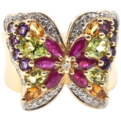 14 Karat Yellow Gold Multi-Gemstone and Diamond Butterfly Ring