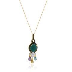14 Karat Yellow Gold Multi Gemstone and Diamond Tassle Necklace