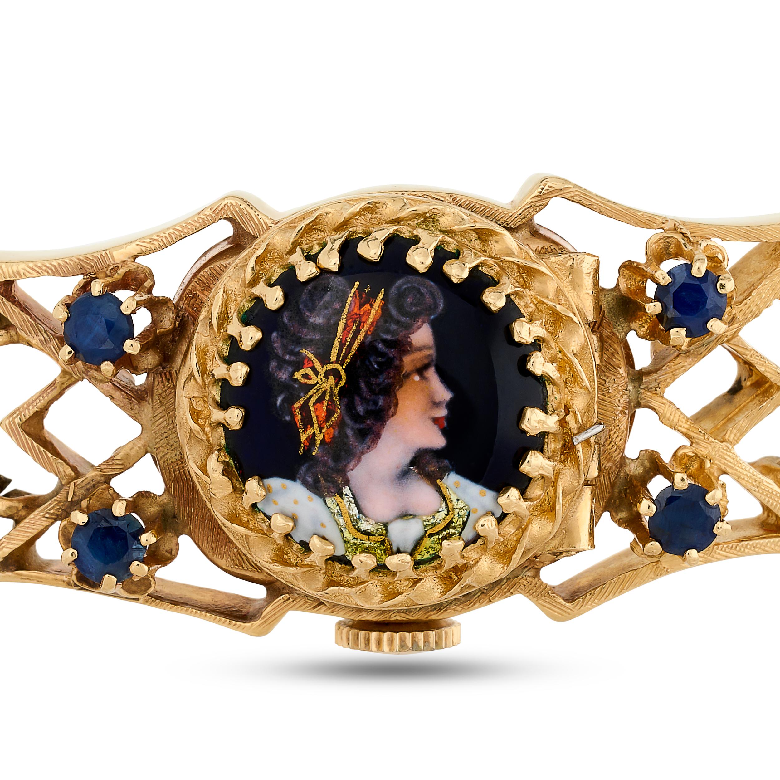 Ce bracelet à l'élaboration complexe présente un mélange de pierres précieuses colorées serties dans de l'or jaune 14k, culminant dans un captivant portrait central qui dissimule habilement une montre cachée, alliant art et fonctionnalité dans un