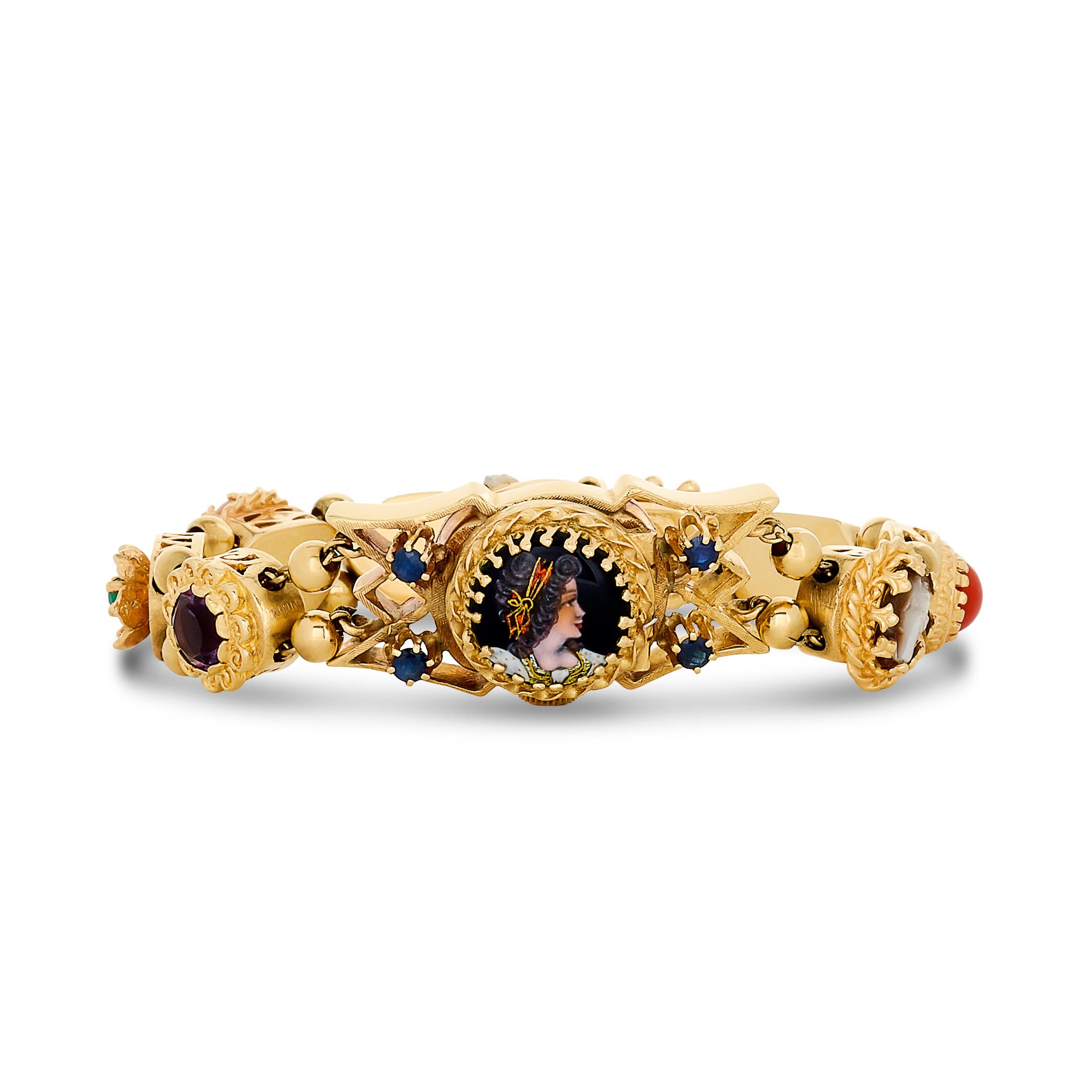 Bracelet en or jaune 14 carats multi pierres avec montre Hidden Excellent état - En vente à Philadelphia, PA