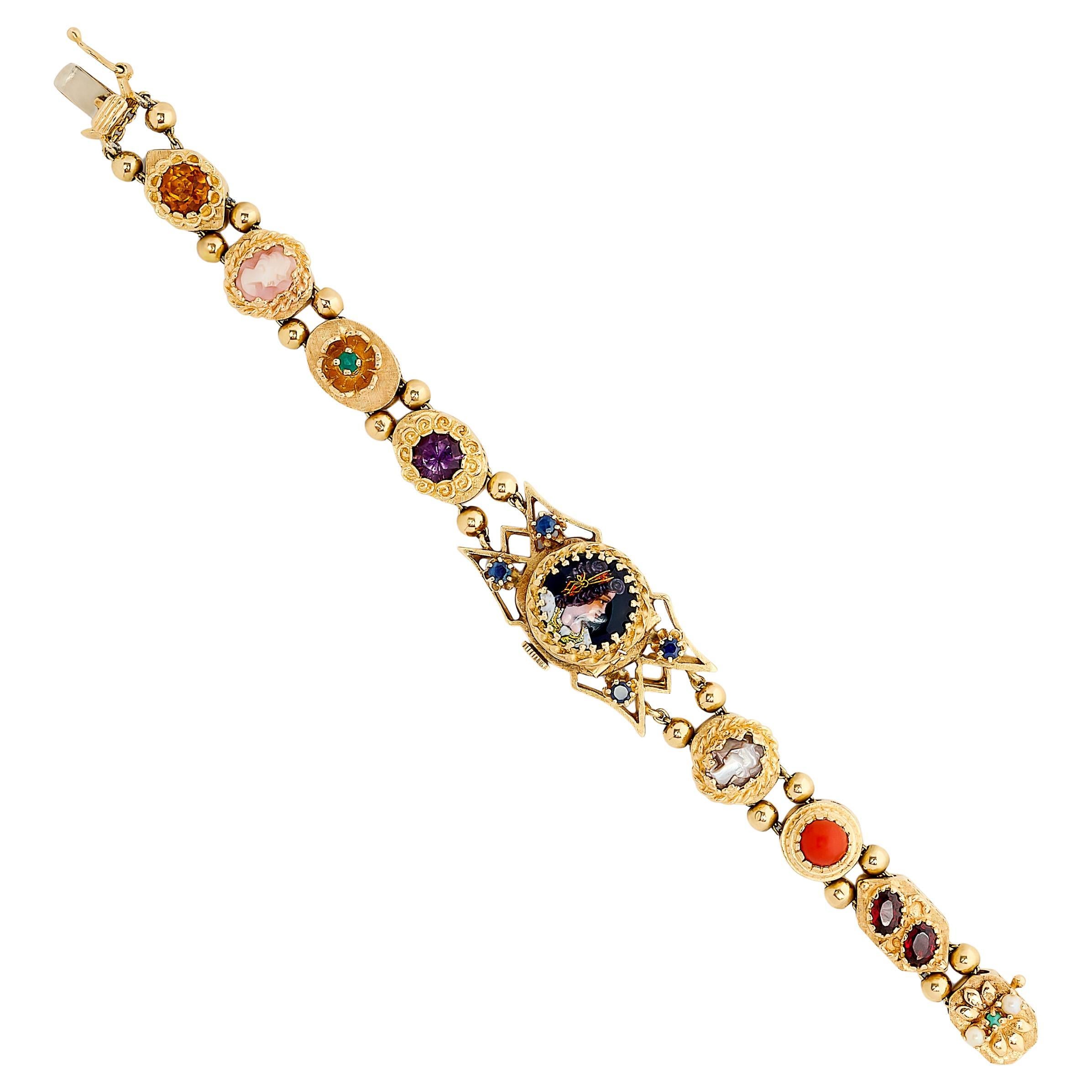 14 Karat Yellow Gold Multi Gemstone Bracelet with Hidden Watch