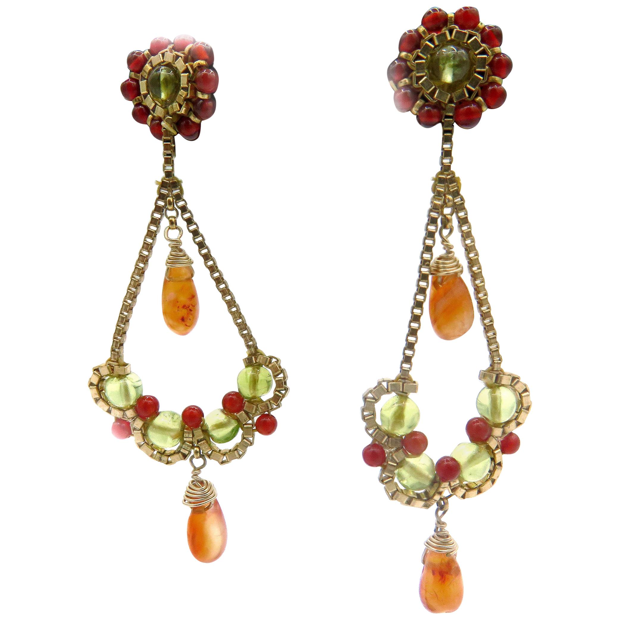 14 Karat Yellow Gold Multi-Gemstone Dangle Earrings
