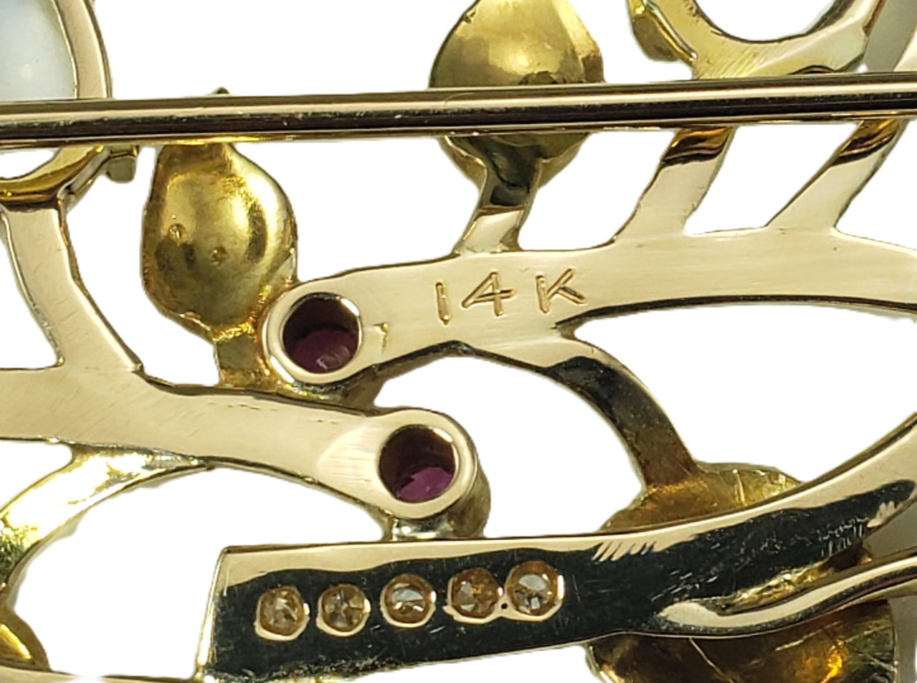 Spilla floreale in oro giallo 14 carati con pietre multiple #22387 In condizioni buone in vendita a Washington Depot, CT