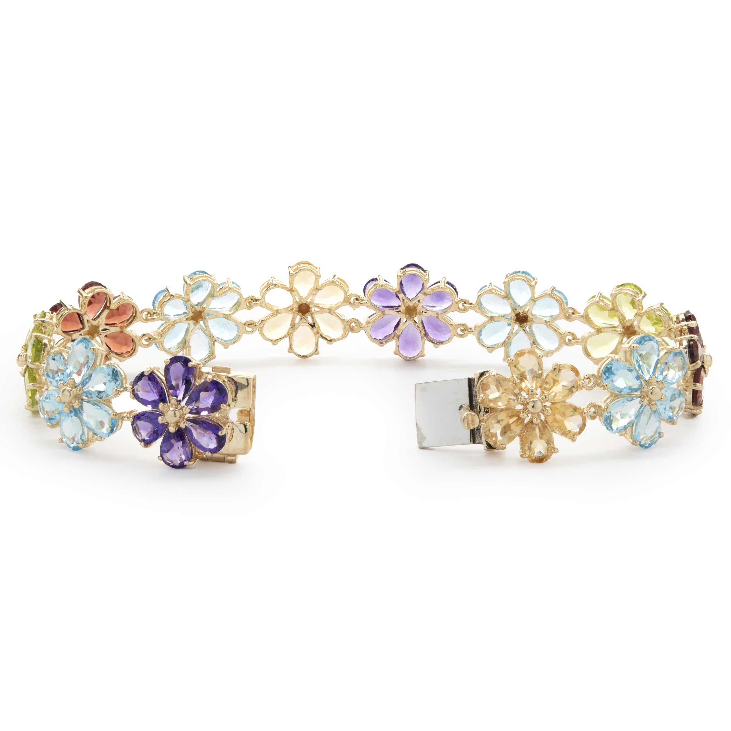 14 Karat Gelbgold-Blumenarmband mit mehreren Edelsteinen (Tropfenschliff)