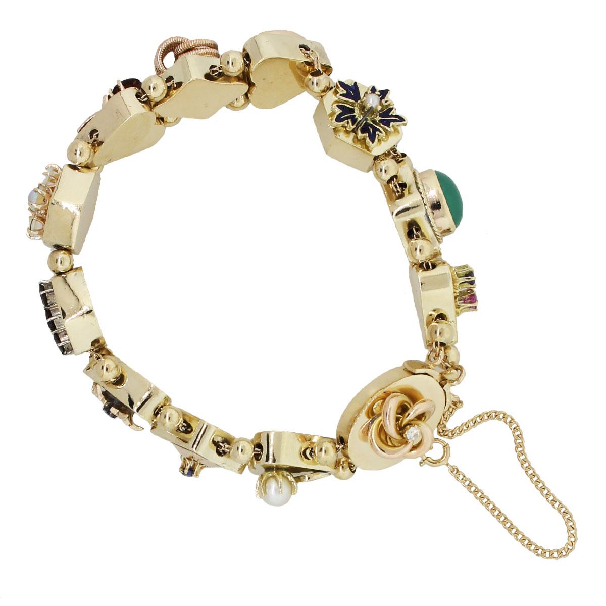 Taille ovale Bracelet Slide en or jaune 14 carats avec pierres multiples en vente