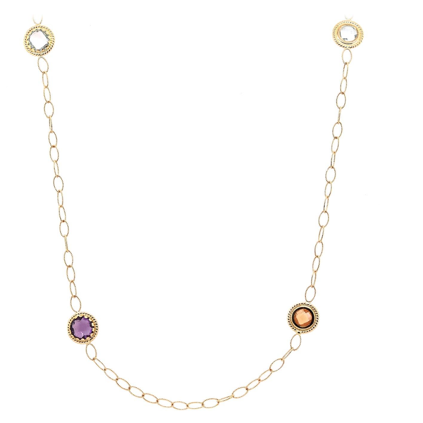 14 Karat Yellow Gold Multi-Gemstone Station Necklace