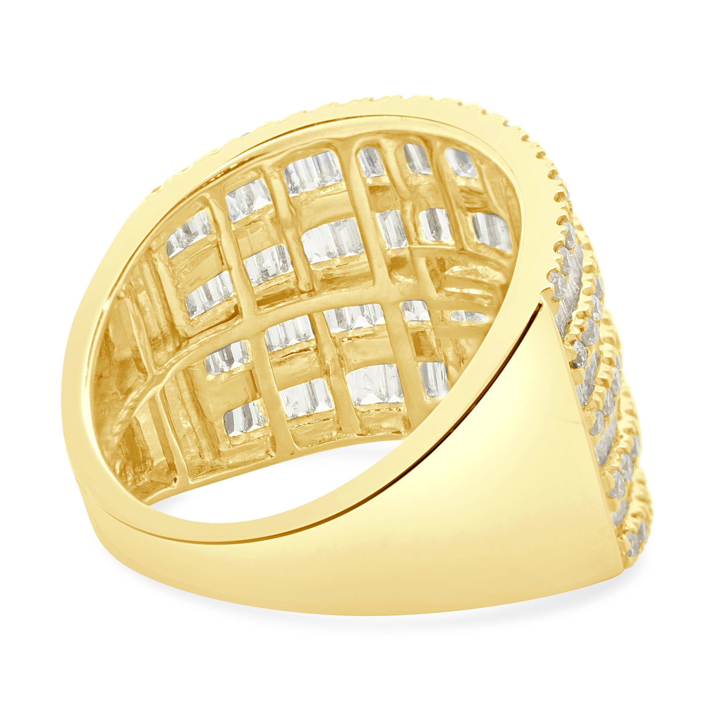Round Cut 14 Karat Yellow Gold Multi Row Round and Baguette Cut Diamond Cigar Band For Sale