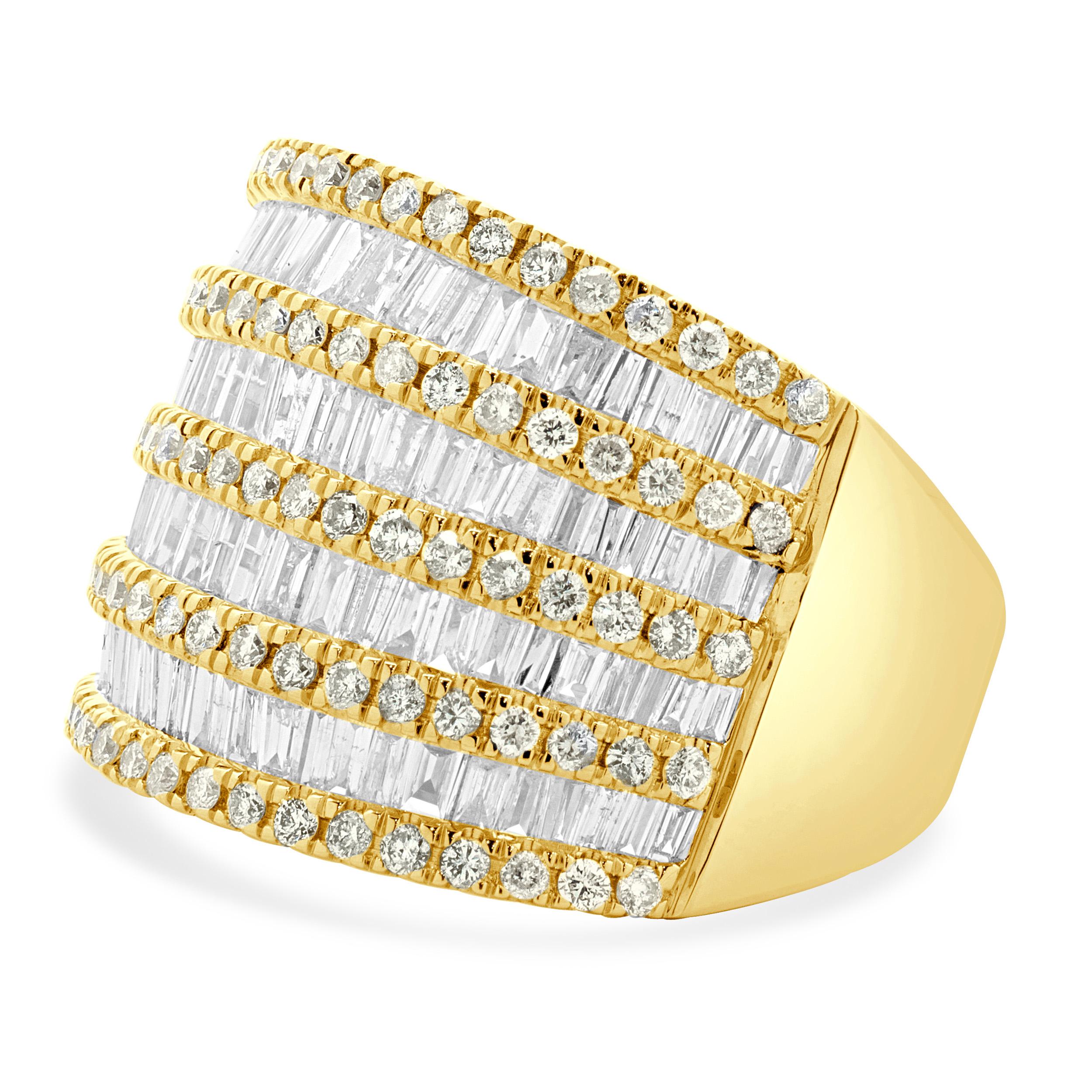 14 Karat Yellow Gold Multi Row Round and Baguette Cut Diamond Cigar Band In Excellent Condition For Sale In Scottsdale, AZ