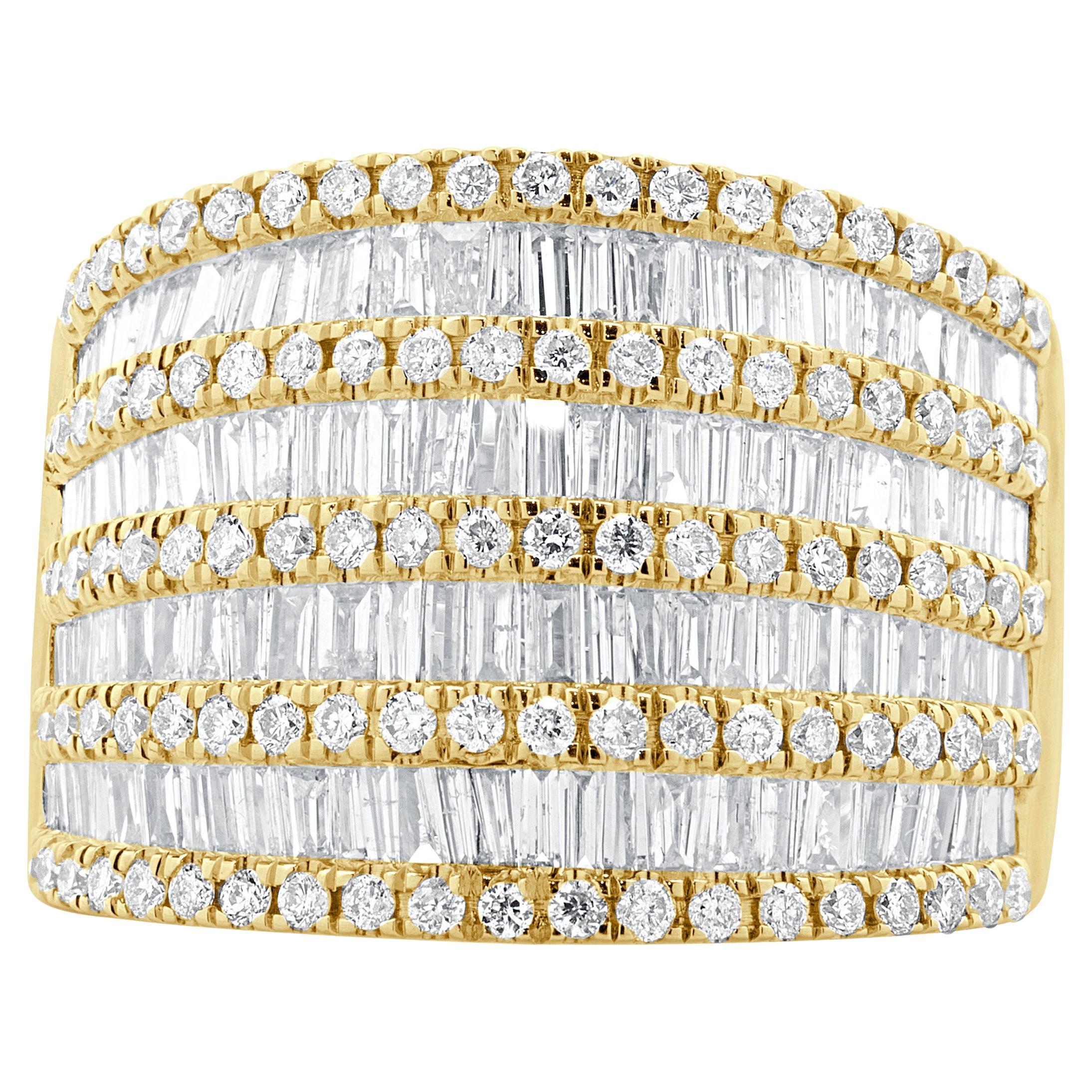 14 Karat Yellow Gold Multi Row Round and Baguette Cut Diamond Cigar Band For Sale