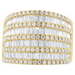 Bracelet cigare en or jaune 14 carats à plusieurs rangées de diamants ronds et baguettes
