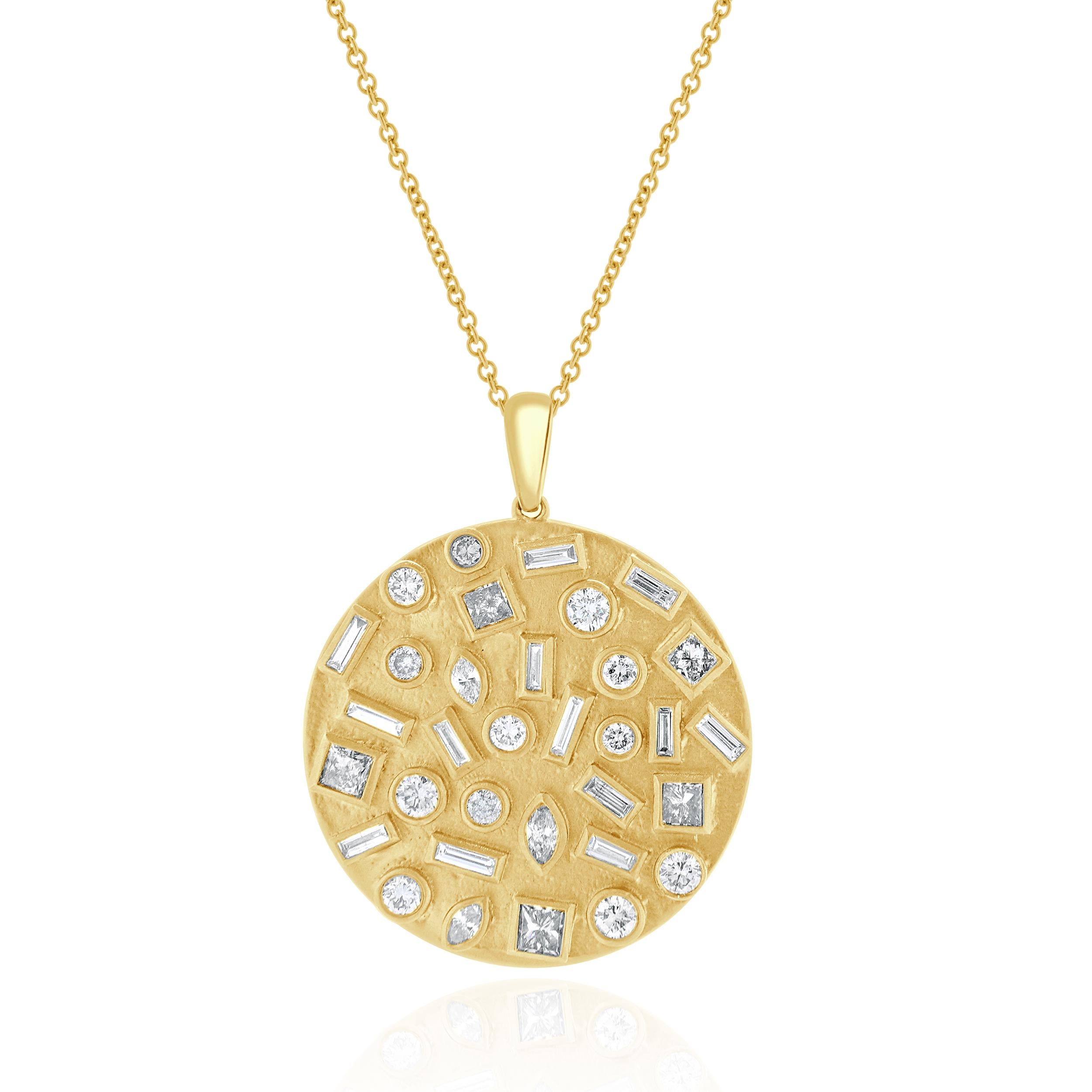 Designer: custom
Material: 14K yellow gold
Diamonds: 32 round brilliant, baguette, marquise, and princess cut = 2.57cttw
Color: H / I / J
Clarity: SI2-I1
Dimensions: necklace measures 18-inches in length 
Weight: 13.57 grams
