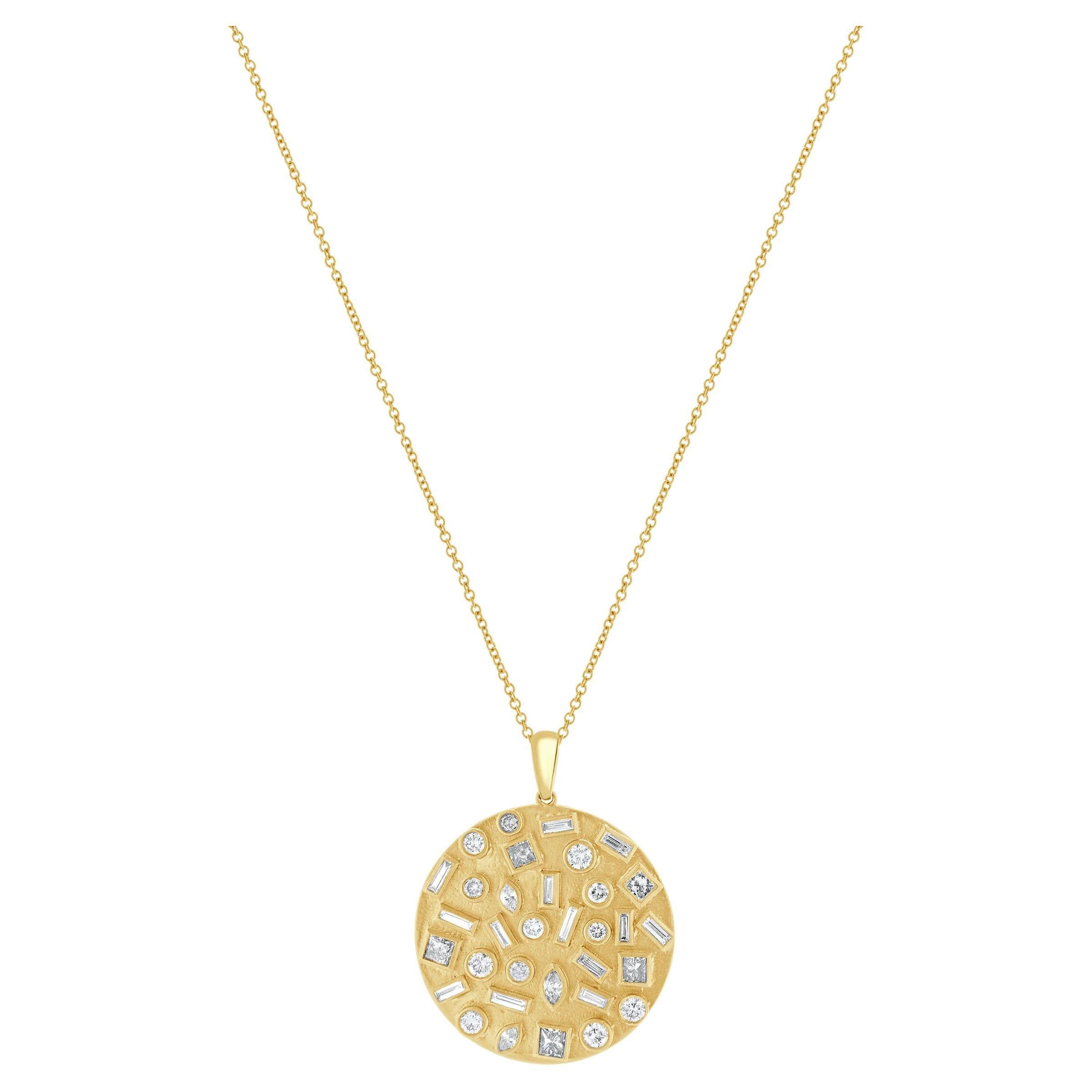 14 Karat Yellow Gold Multi Shape Bezel Set Diamond Disc Necklace For Sale