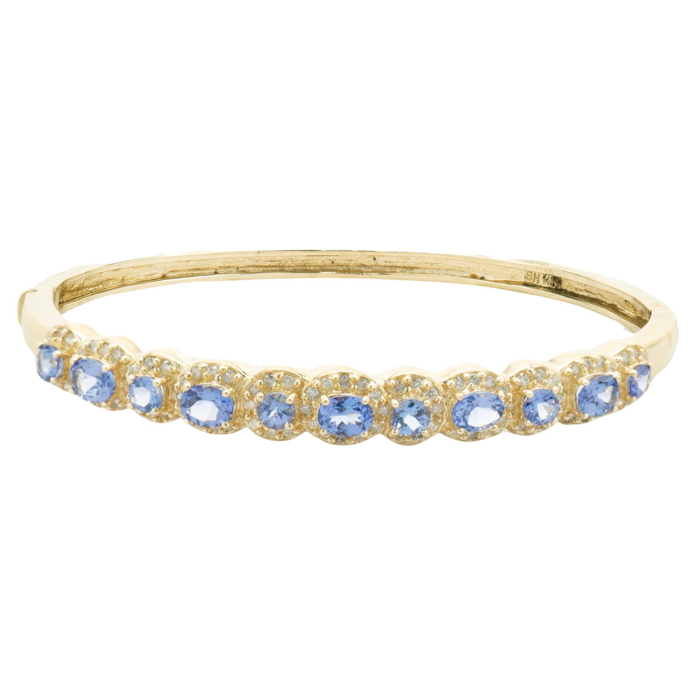 14 Karat Yellow Gold Multi Shape Tanzanite and Diamond Bangle Bracelet