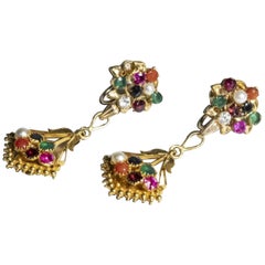 Vintage 14 Karat Yellow Gold Multi Stone Chandelier Earrings
