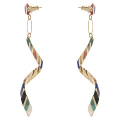 14 Karat Yellow Gold Multi Stone Inlay Curve Drop Earrings
