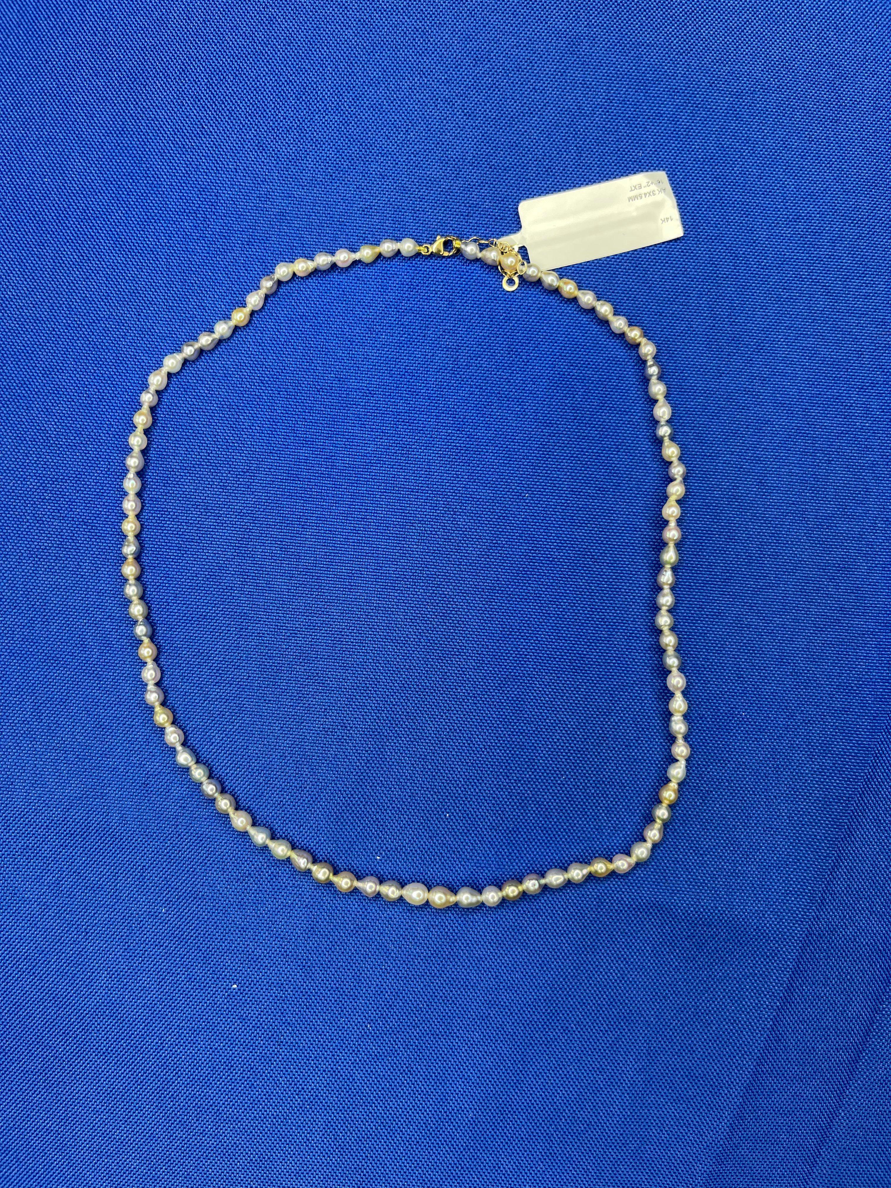 14 Karat Yellow Gold Multicolor Akoya Cultured Pearl Layer Thin Bead Necklace In New Condition For Sale In Oakton, VA