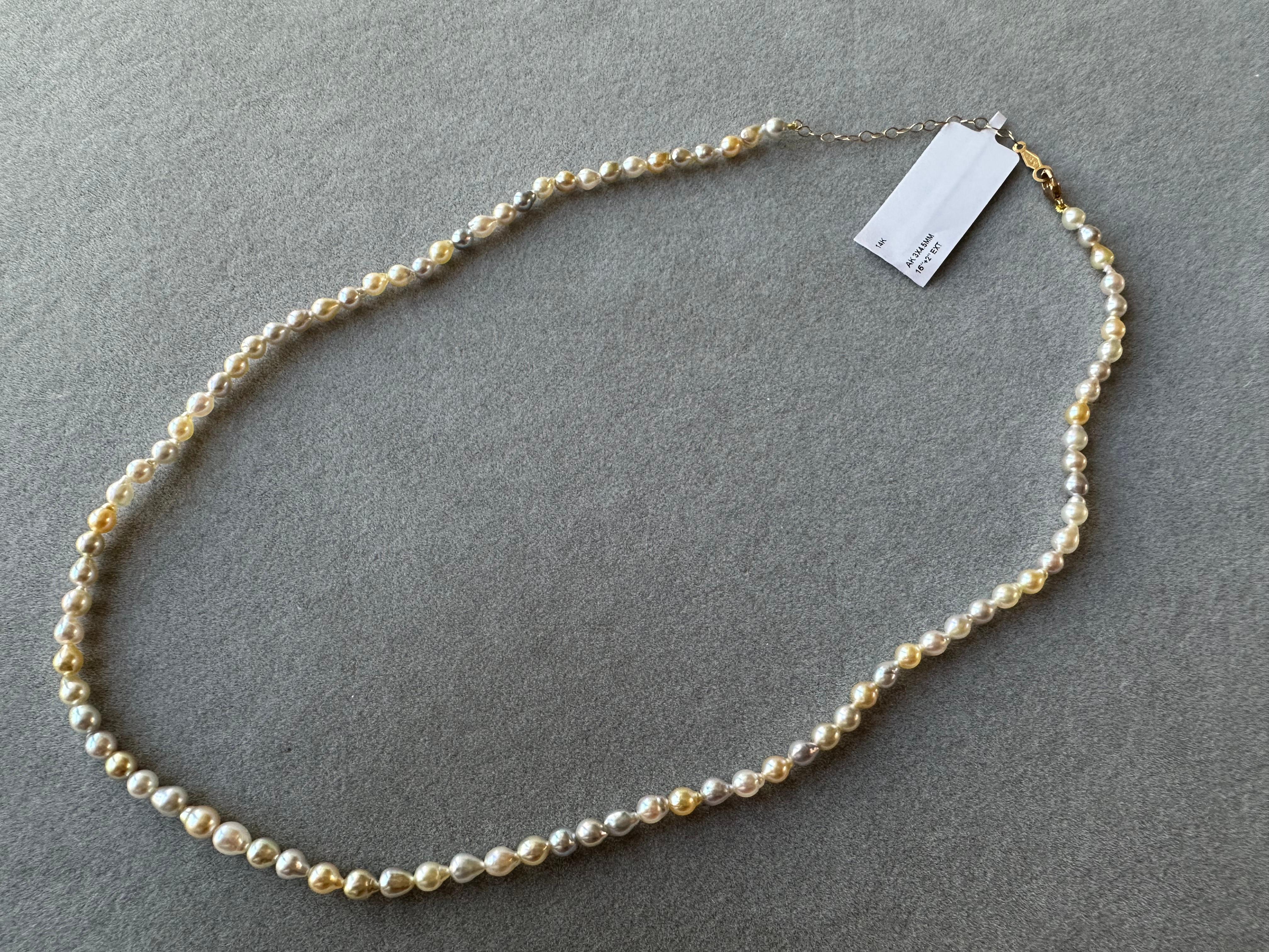 14 Karat Yellow Gold Multicolor Akoya Cultured Pearl Layer Thin Bead Necklace For Sale 7